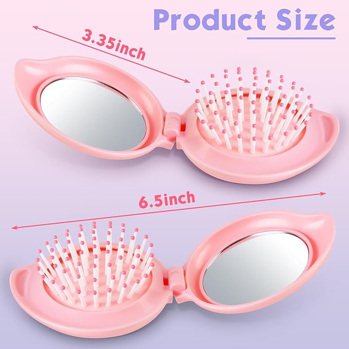 Boao 2 Pack Foldable Travel Mirror Hair Brushes Round Portable Folding Pocket Hair Brush Mini Comb Compact Travel Size Massage Comb for Men Women (Pink,Mango)