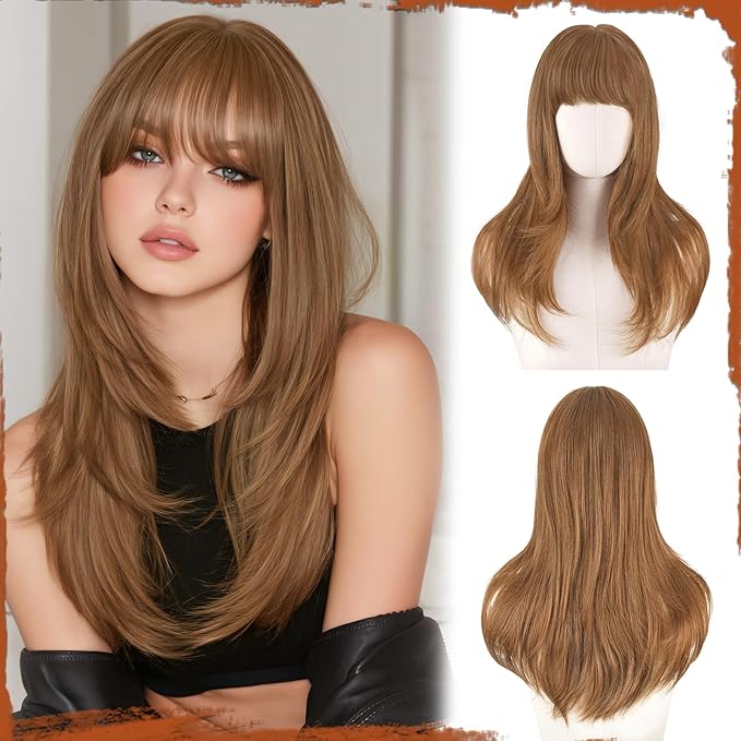SOFEIYAN Long Straight Layered Auburn Blonde Wig with Bangs 24 Inch Synthetic Natural Hair Wig Soft Heat Resistant Long Wigs for Women Daily Party Use