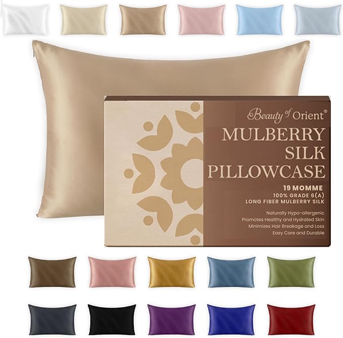 100% Pure Mulberry Silk Pillowcase for Hair and Skin, 19 Momme, Champagne, 20" x 26"
