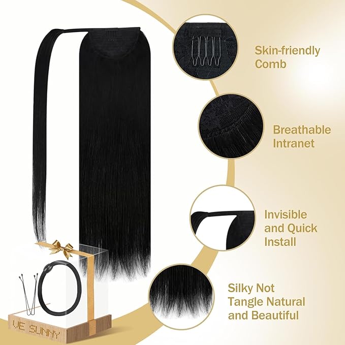 Ve Sunny Hair Extensions Ponytail Real Human Hair Wrap Around Clip in Ponytail Hair Extensions Straight Extensions Human Hair for Women Jet Black 18inch 80G