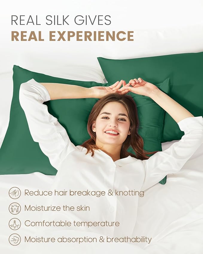 THXSILK Set of 2 100% Mulberry Silk Pillowcase for Hair and Skin Heath, Grade 6A+ Mulberry Silk Both Sides, Hypoallergenic Pillow Cover with Zipper, Best Gift Choice (King 20"x36", Emerald Green)