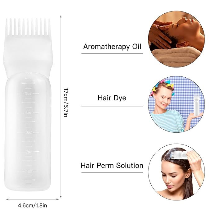 Root Comb Applicator Bottle, 6 Ounce, Hair Oil Applicator, Oil Applicator for Hair Dye, Oil Bottles for Hair, Hair Oiling Applicator with Graduated Scale (2 Pack, White), MR-RFP-11