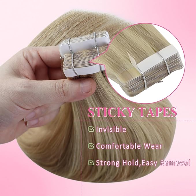 YoungSee Tape in Hair Extensions Human Hair Blonde Highlight Tape ins Human Hair Extensions Golden Blonde Invisible Tape-in Extensions for Short Hair 12 Inch 20pcs 30g