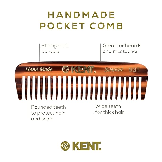 Kent 93T Beard Comb for Men - Wide Tooth Men's Comb, Ideal For Mustaches and Beards and Facial Hair, Small Pocket Sized Travel Detangler Combs, Saw-Cut, Hand Polished, Made in England
