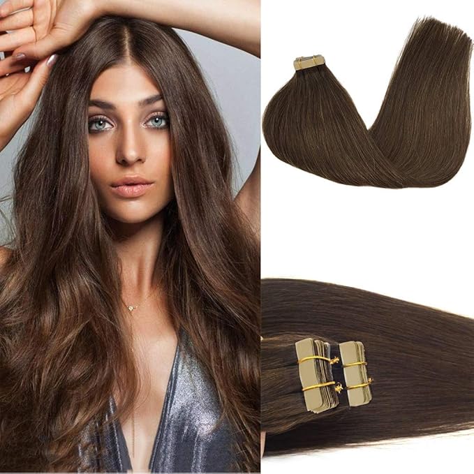 GOO GOO Tape in Hair Extensions Human Hair, 4A Chocolate Brown, 26inch 60g 20pcs, Skin Weft Seamless Invisible, Silky Straight with Thick Ends, Remy Human Hair