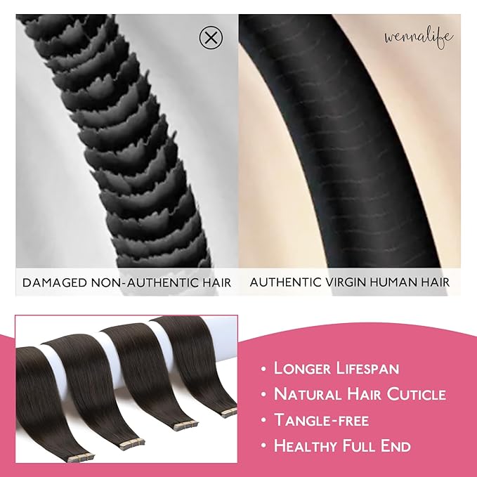 WENNALIFE Tape in Hair Extensions - Human Hair, Dark Brown, 10pcs 25g, 18 inch Remy Invisible Tape Ins, Straight, Colored, Soft, Real Human Hair Refill Set