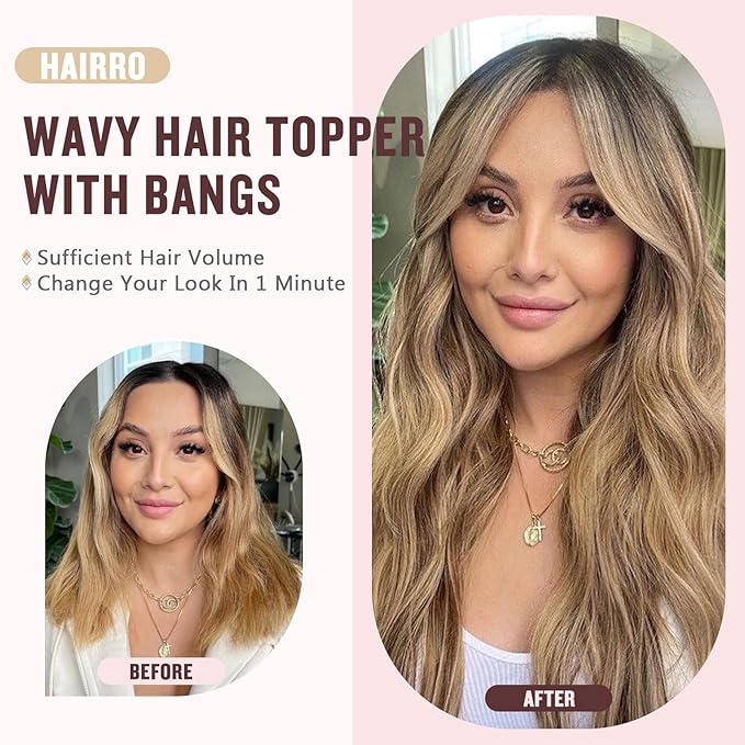 Hairro 18 Inch Long Hair Toppers Wavy with Side Bangs for Women, Clips In Synthetic Hairpieces Capless, for Adding Volume/Birthday/Party/Halloween/Cosplay Dress Up, Chocolate Brown