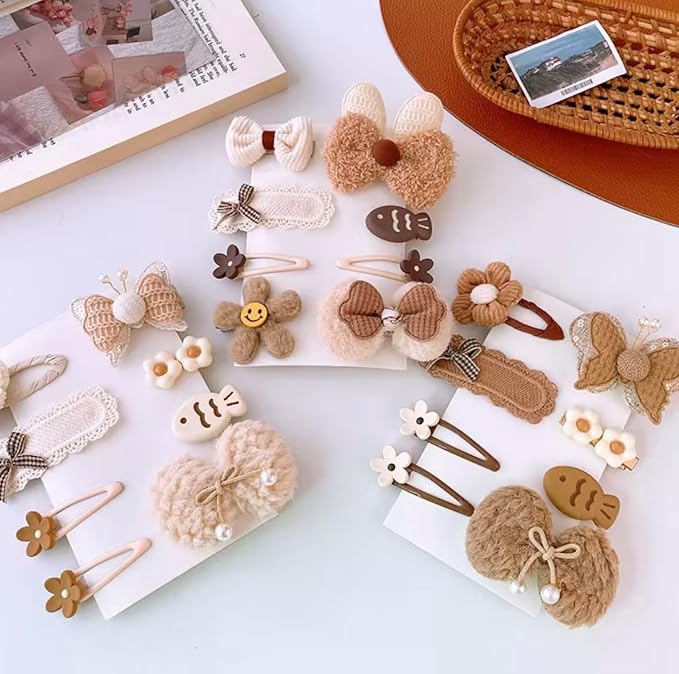 Hair Clips for Baby Girls-8 Pcs Beige Hair Accessories with Knitted Flower, Bow, Butterfly Designs-Soft Wool and Crochet Hairpins-Non-Slip Barrettes for Daily and Occasional Wear (Design 3-8pc Set)