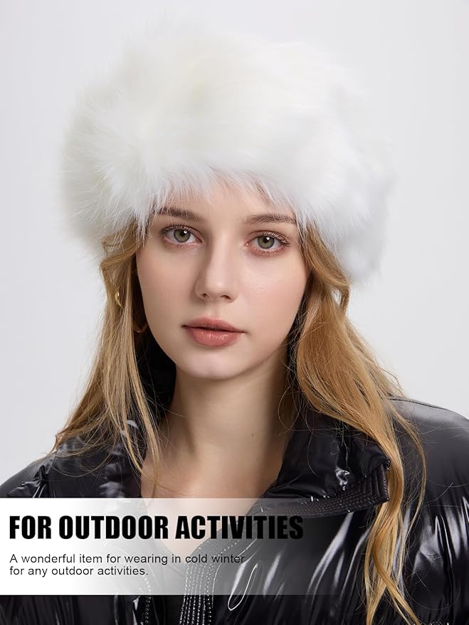 Faux Fur Headband for Women Elastic Fuzzy Thick Earmuffs Winter Headwrap Ear Muffs Furry Ear Warmers Cold Weather (White 1)