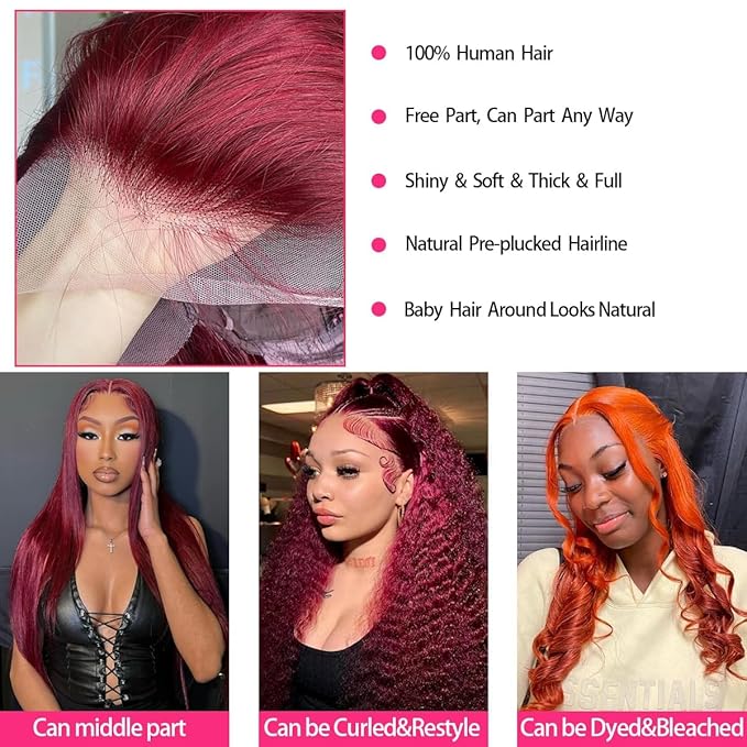 28 Inch 99J Burgundy Lace Front Wigs Human Hair 200 Density 13x6 Straight Lace Frontal Wigs Human Hair Red Wig Wine Red Lace Front Wigs Pre Plucked Glueless