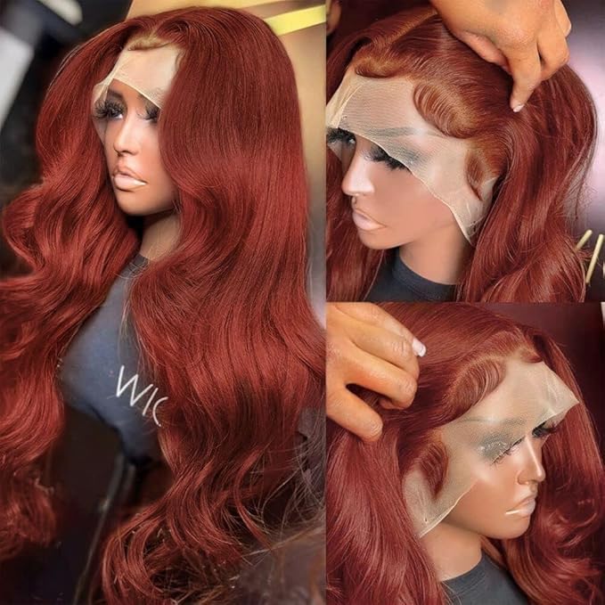 200% Density Reddish Brown Colored Human Hair Lace Front Wigs 13x4 Glueless Wigs Human Hair Pre Plucked Body Wave Glueless Wigs Human Hair Transparent HD Lace Frontal Human Hair Wigs 28Inch
