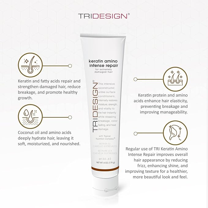 TRIDESIGN Keratin Amino Intense Repair, Keratin Hair Treatment Intensive Conditioner w/Coconut Oil,Fatty & Amino Acids, Hydrolyzed Keratin Protein - Moisturizing Hair Mask & Hair Treatment Mask 6 oz