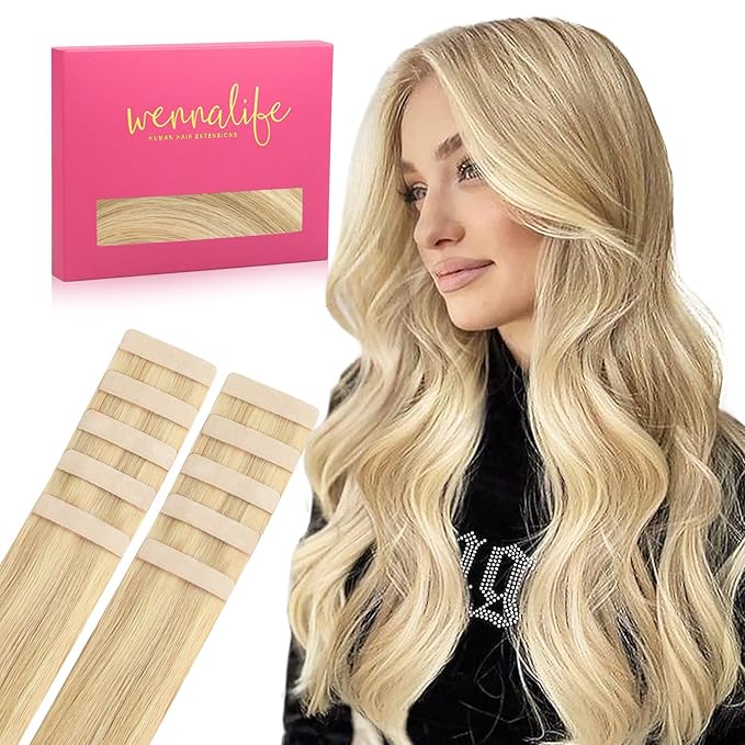 WENNALIFE Tape in Hair Extensions Human Hair Light Blonde Highlighted Golden Blonde Tape in Extensions, 10pcs 30g 26 inch Remy Invisible Tape Ins Straight Soft Real Human Hair Tape in Extensions