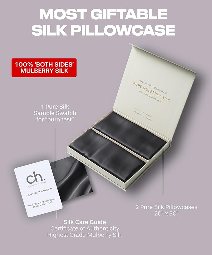 SUNDAYSILKS™ | Silk Pillow Cases 2 PACK | 22 Momme Mulberry Silk Pillowcase Set of 2 | All Sides 100% Pure Silk Slip Pillowcases Bliss for Women, Zipper, Standard Queen, King Size, 6A [Midnight Black]