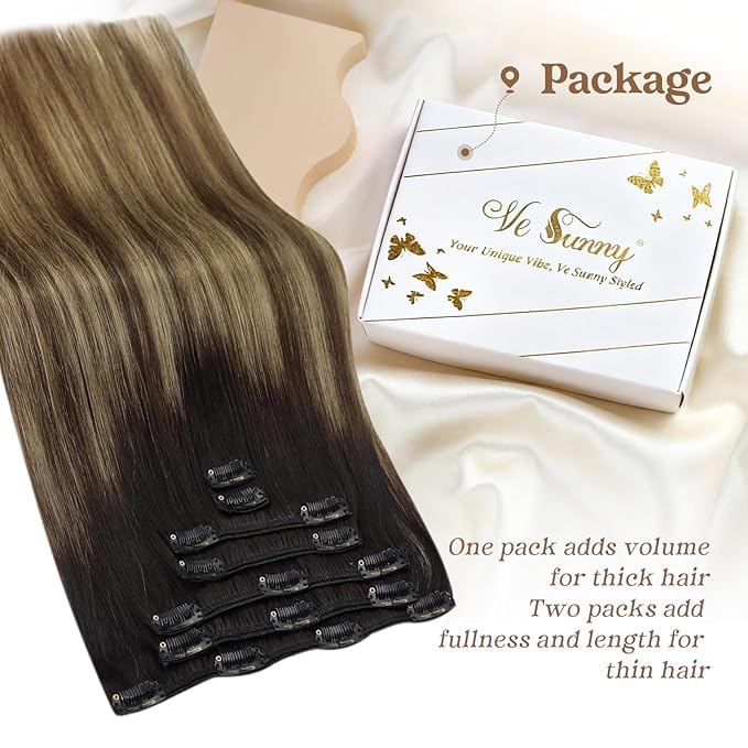 Ve Sunny Clip in Hair Extensions Real Human Hair Black Ombre Clip in Human Hair Extensions Black with Brown Blonde Balayage Hair Extensions Clip ins Short Hair 12Inch 80g