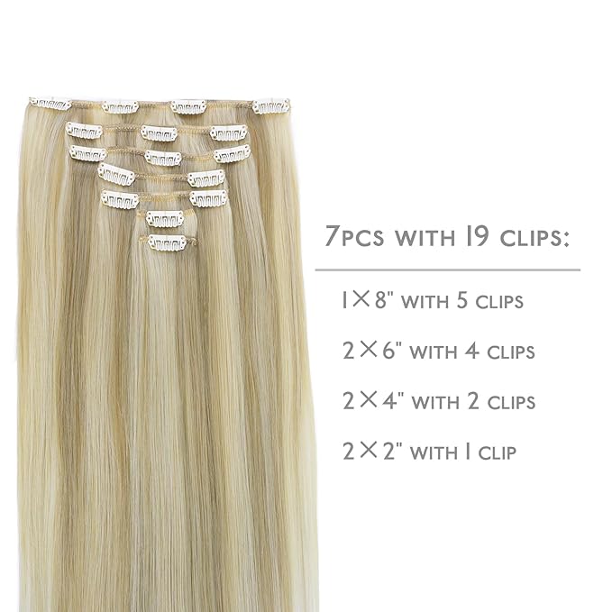 WENNALIFE Clip in Hair Extensions Real Human Hair, 18 Inch 120g 7pcs Remy Hair, Ash Blonde Highlighted Platinum Blonde Straight Natural Extensiones De Cabello Humano Con Clip Ins
