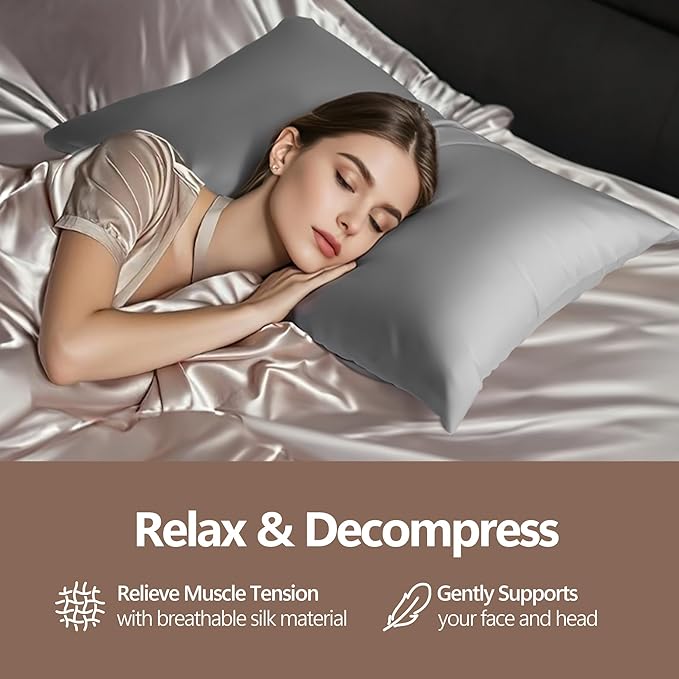 Silk Pillow Cases King - 6A Luxury 100% Mulberry Silk Pillowcase for Hair and Skin - Anti-Wrinkle, Cooling & Smooth, Hidden Zipper - Pillowcases for Sleeping Women, Silver Grey
