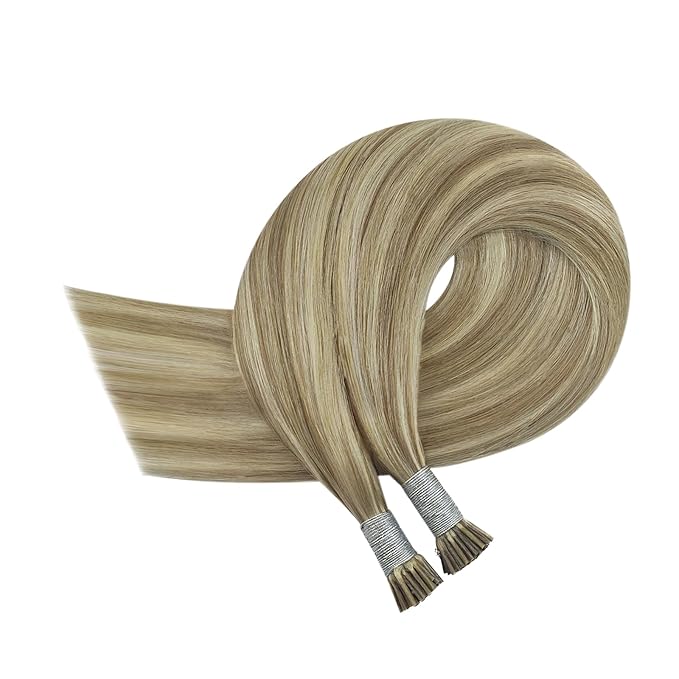 YoungSee Itip Hair Extensions Brown Highlight 20In Human Hair I Tip Extensions Light Brown Highlight Blonde Cold Fusion Hair Extension 50s 50g I-Tip Hair Extension Easy to Blend with Natural Hair