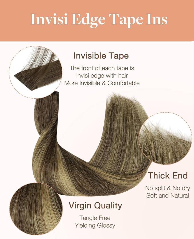 GOO GOO Invisi Edge Tape in Hair Extensions Human Hair, 4/27/4 Balayage Chocolate Brown to Caramel Blonde 20pcs 24inch 50g, Virgin Remy Hair, Seamless Injected Tape, Natural Look