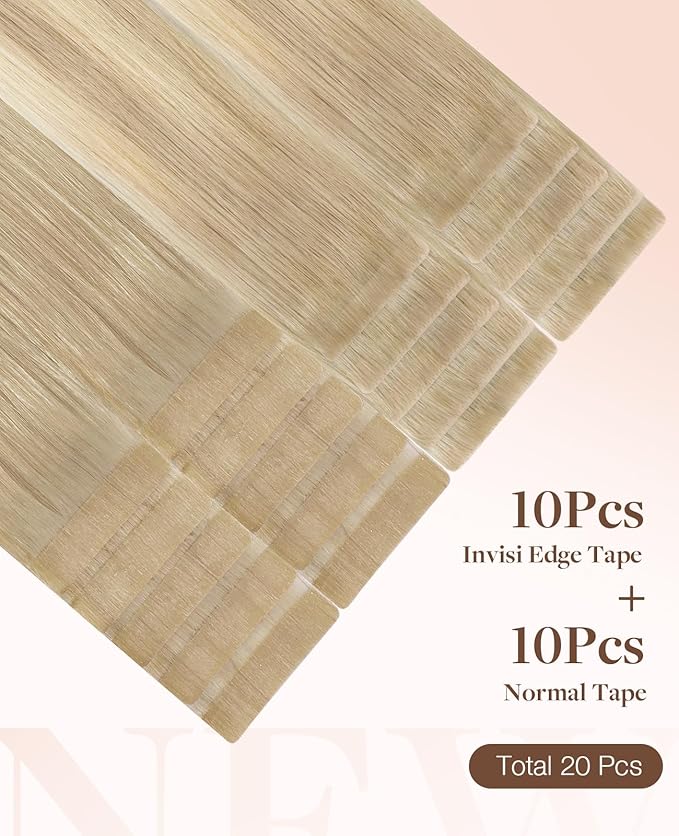 GOO GOO Invisi Edge Tape in Hair Extensions Human Hair, 18ET90A Natural Blonde Balayage 10pcs injected with 10pcs classical tape ins, 12inch 40g, Virgin Remy Hair, Natural Look