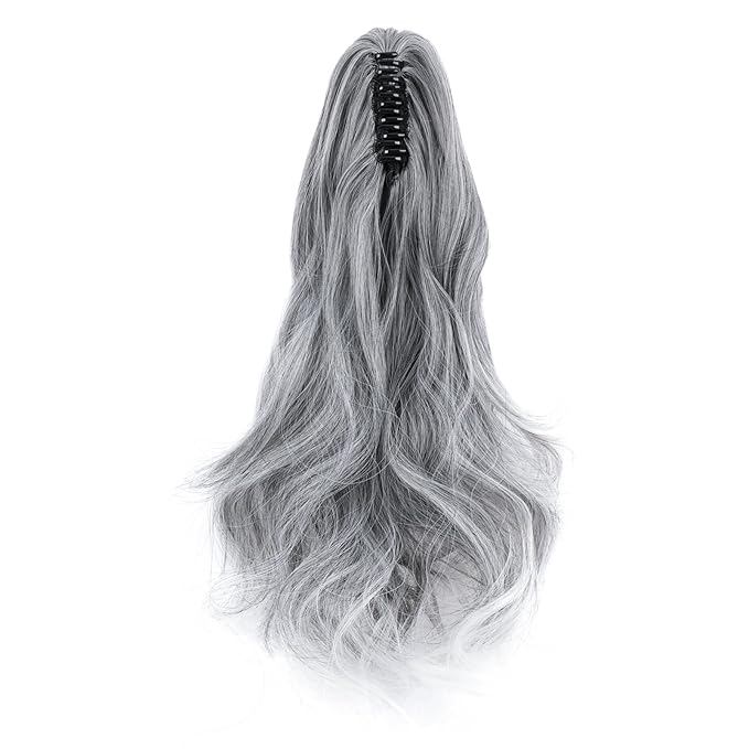 Claw Clip Ponytail Extension 18" Clip in Wavy Ponytail Hair Extensions Long Pony Tails for Women Extensions Black to White Wave Hairpiece