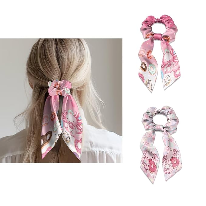 Cute Axolotl Yoga Hair Scrunchies with Ribbon Womens Soft Elastic Bow Hair Ties Long Hair Scrunchy Aesthetic Accessory No Damage 2 Piece