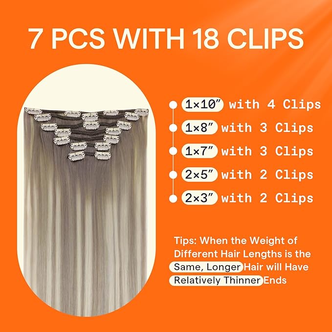 Full Shine Grey Clip in Human Hair Extensions 22 Inch Grey Mix Blonde Remy Natural Hair Extensions Straight Double Weft Hair Clip in Extensions 7 Pcs 120 G