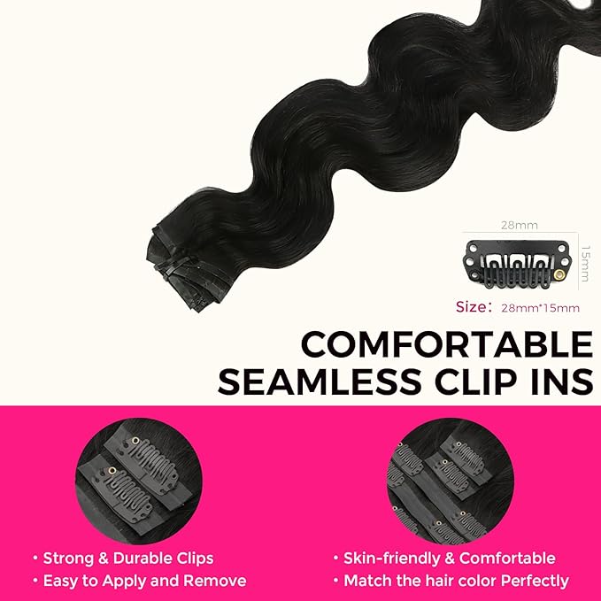 Lashey Seamless Clip in Hair Extensions Human Hair 9pcs 130g Body Wave Hair Extension 14 Inch #1B Natural Black Soft Natural Human Hair Clip in Hair Extensions with Invisi Edge