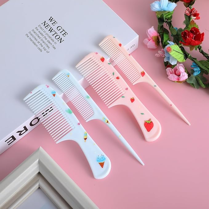 4Pcs Toddler Comb Set, Small Cute Fine Tooth Comb & Rat Tail Comb for Kids Styling, Mini Hair Comb Plastic Parting Combs, Anti-Static Hairdressing Comb for Baby Girl Wet Dry Hair (Pink Blue)