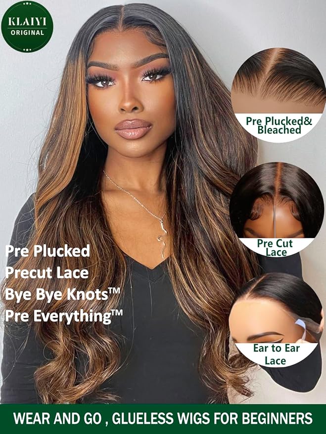 KLAIYI Pre Everything 13x4 Glueless Wig Ombre Brown Body Wave Pre Cut Lace Front Wigs Human Hair Pre Plucked Pre Bleached Wear and Go Wig with Dark Roots 12A Highlight Balayage 3S Ready To Wear 26Inch