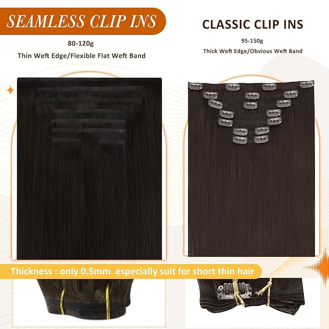 Full Shine Human Hair Clip in Extensions Dark Brown 24 Inch Seamless Clip in Hair Extension Real Human Hair Straight PU Invisible Hair Extensions Human Hair Full Head 8 Pcs 120 Grams