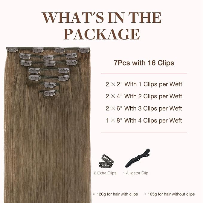 GOO GOO Clip in Hair Extensions Real Human Hair, Remy Human Hair Extensions Clip ins for Women, Natural Human Hair, 20inch 120g 7Pcs, 5 Light Ash Brown