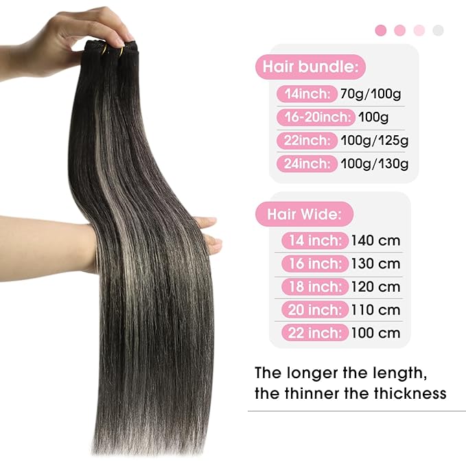 YoungSee 130G Weft Hair Extensions Ombre Black Sew in Hair Extensions Black Ombre Silver Blonde Balayage Sew in Hair Extensions Real Human Hair 24Inch