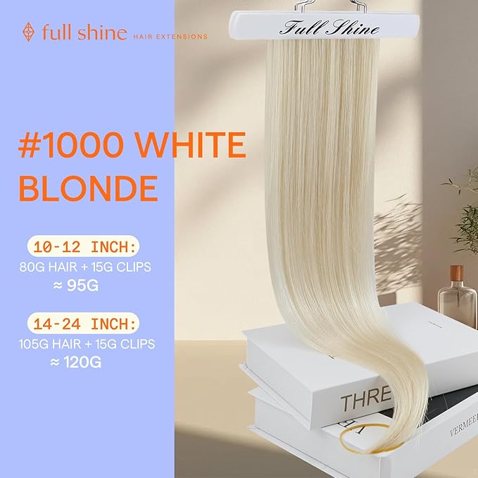 Full Shine Clip in Extensions Real Human Hair Blonde Extensions Clip in 16 Inch White Blonde Human Hair Extensions 7 Pcs 120 G