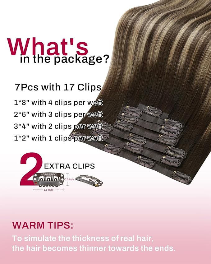 Moresoo Brown to Blonde Seamless Clip in Hair Extensions Real Human Hair Dark Brown to Honey Blonde Ombre Human Hair Extensions Clip ins Long Full Head 120g/7pcs 22 inch