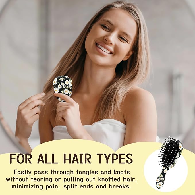 Mini Hair Brush,Cute Detangling Travel Hair Brush,Soft Bristles for Effortless Tangle Removal,Detangler Hairbrush for Women Men Boys Girls Kids Wet Dry All Hair Types (White Daisy, Mini)