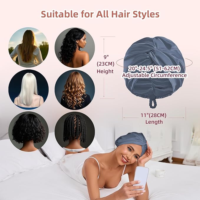 Adjustable Silk Satin Hair Bonnet for Sleeping Women, Double Layer, Silk Hair Wrap for Sleeping Women Men, Curly Natural Braid Straight Unisex - Slate Grey