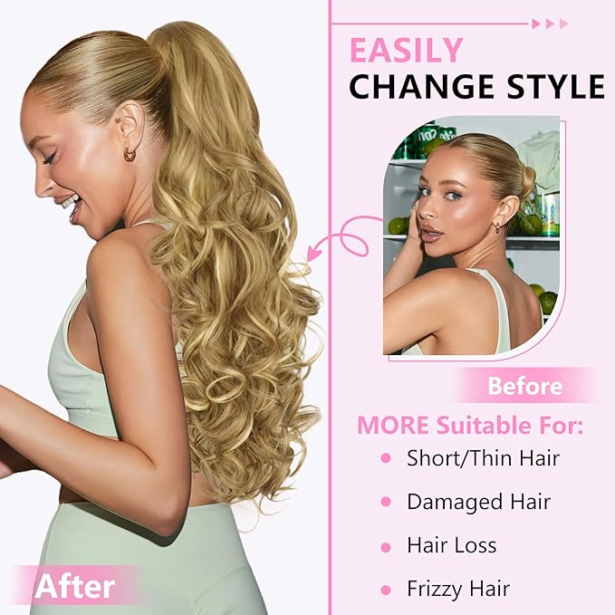 ALXNAN Ponytail Extension,24 Inch Claw Clip in Long Curly Wavy Medium Blonde with Blonde Highlights Ponytail Hair Extension Jaw Clip on Pony Tails Hairpiece for Women