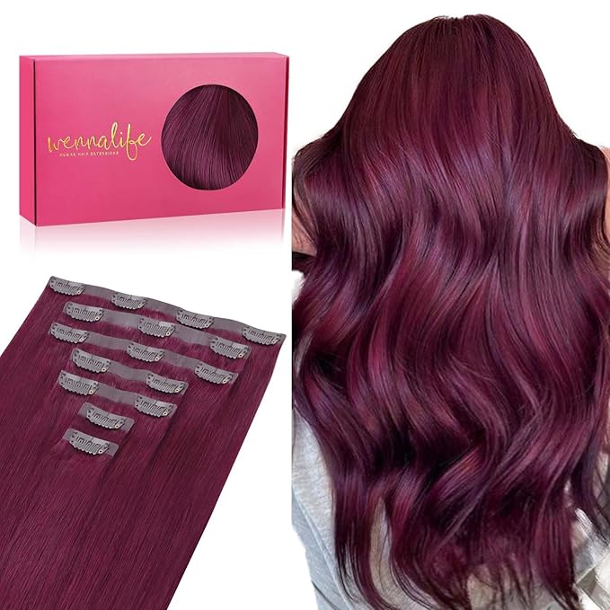 WENNALIFE Seamless Clip In Hair Extensions Human Hair, 16 Inch 130g 7pcs Light Burgundy Real Hair Extensions Clip in Human Hair Invisible PU Skin Weft Natural Remy Human Hair Extensions