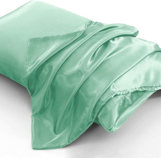 Aormenzy Satin Pillow Cases for Women Standard Size Set of 2, Mint Green Satin Pillowcase for Hair with Envelope Closure Silky Pillow Covers Wrinkle, Fade Resistant (20x26 Inches)