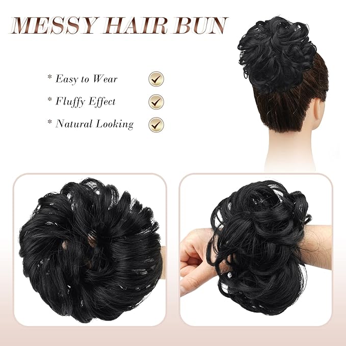 FESHFEN Large Jet Black Synthetic Fiber Messy Bun Hair Piece, 1.94 oz