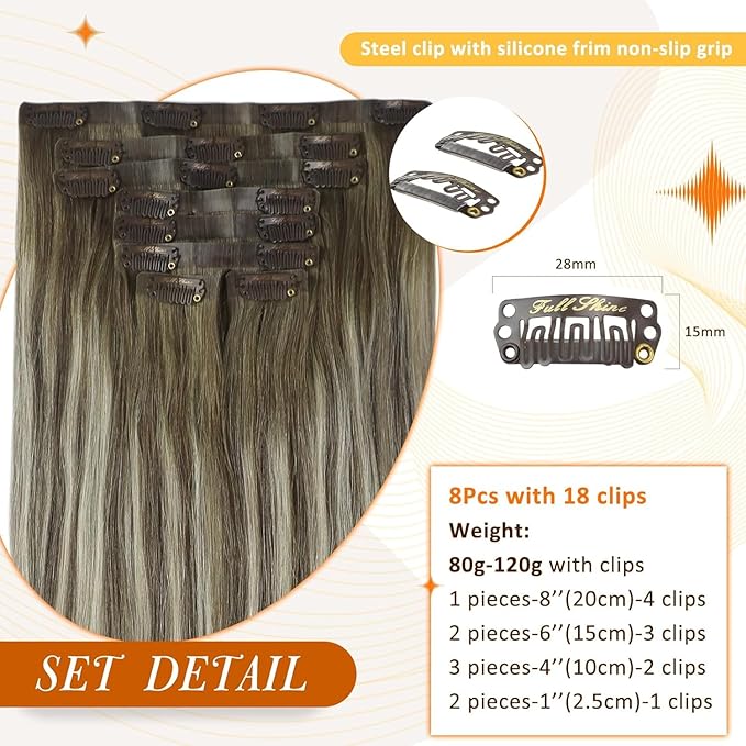 Full Shine 16 Inch Seamless Clip in Hair Extensions Balayage Remy Human Hair Clip in Brown to Platinum Blonde Real Human Hair Clip ins Softness 8 PCS 120 G