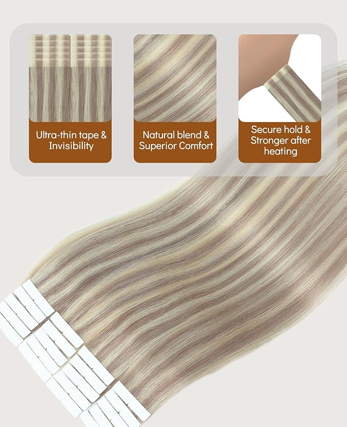 VINBAO 60g Invisi Edge Tape in Hair Extensions Real Human Hair Ash Blonde Highlighted Platinum Blonde 20pcs Injected Tape in Extensions Pro Quality 22inch #18P60