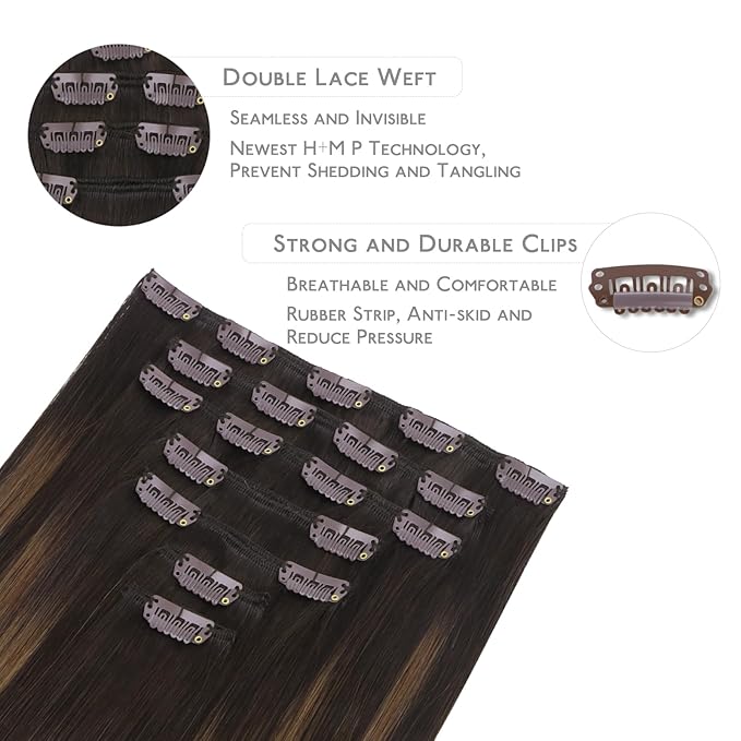 WENNALIFE Clip in Hair Extensions Real Human Hair, 22 Inch 120g 7pcs Dark Brown to Chestnut Brown Balayage Hair Extensions Clip In Human Hair Remy Clip Real Human Hair Double Weft