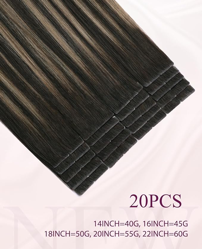 Pinkpearl Invisible Tape in Hair Extensions Human Hair, 20pcs 22inch 60g #2/6/2 Balayage Dark Brown to Chestnut Brown Injection Tape in Extensions Real Remy Human Hair Injected