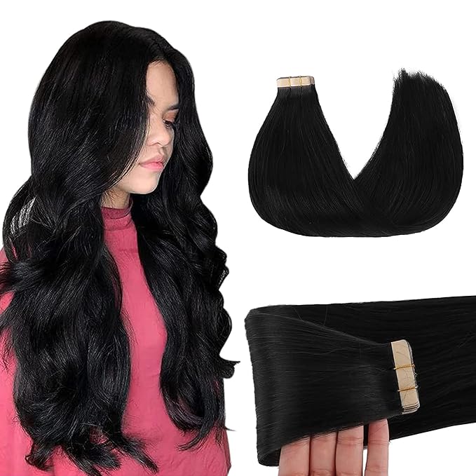 GOO GOO Tape in Hair Extensions Human Hair, 1 Jet black, 18inch 50g 20pcs, Skin Weft Seamless Invisible, Silky Straight with Thick Ends, Remy Human Hair