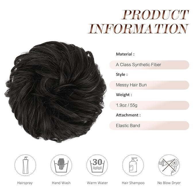 FESHFEN Messy Bun Hair Piece - Large Elastic Wavy Curly Hair Bun Scrunchies Ponytail Extensions Synthetic Chignon Hairpieces for Women, Black Brown 1.94oz