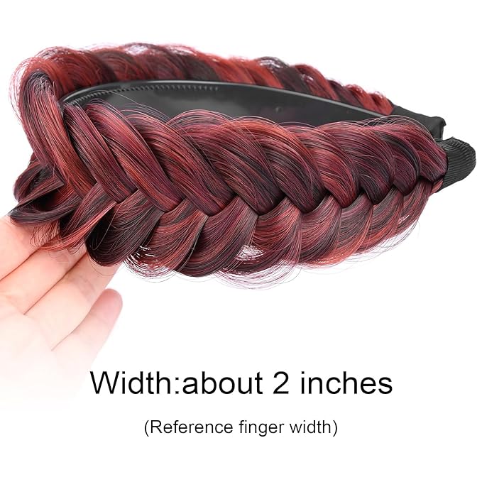 DIGUAN Wide Messy Braided Headband With Teeth Synthetic Hair Plaited Headband High Elasticity Braids Chunky Fishtail Braided Hair Band Hairpiece for Girls Women Beauty Accessory (Burgundy)