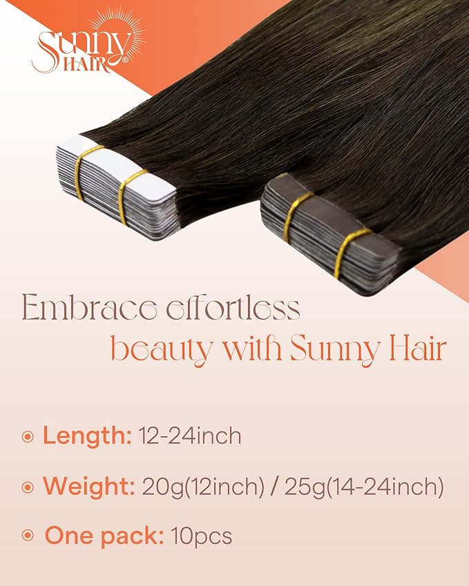 Sunny Hair Tape in Hair Extensions Real Human Hair Invisible Remy Hair Extensions Tape ins for Women Darkest Brown Ombre Medium Brown Balayage 14 inch 25G