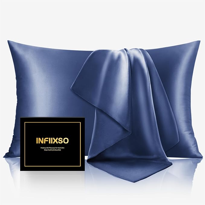 INFIIXSO Mulberry Silk Pillow Cases King Size Set of 2, Silk Pillowcase with Hidden Zipper 20"x36", Extraordinary Smooth and Soft Pillow Case for Hair and Skin(Navy, 2 Pack)
